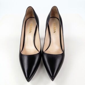 Prada Vitello Lux Black Leather Platform Pumps Pointed Toe Heels Sz 38